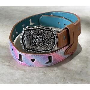 CATCHFLY Women’s Pastel Shimmer Hearts & Boots Belt Size Medium -Western Wear